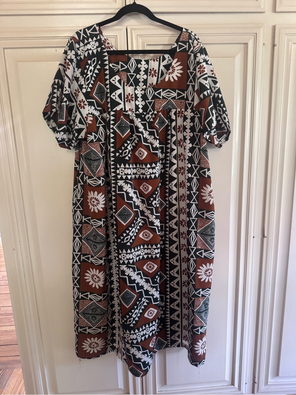 Midi Shift Dress in Brown and Black Geometric Print